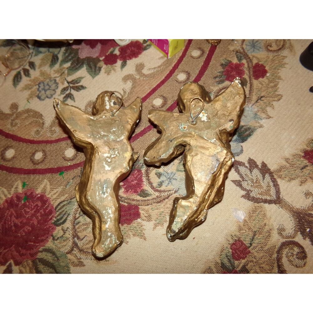 VINTAGE ANGELS CHERUBS WALL PLAQUES (2) GOLD CERAMIC/CHALK - Picture 8 of 8